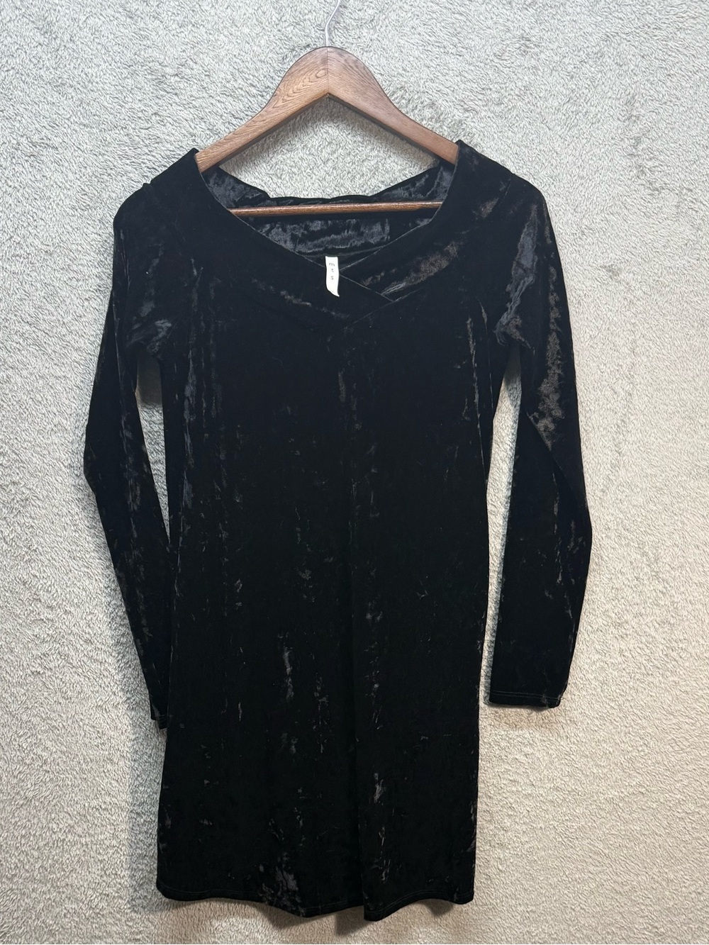 MTS Black Crushed Velvet Long Sleeve Scoop Neck Mini Dress